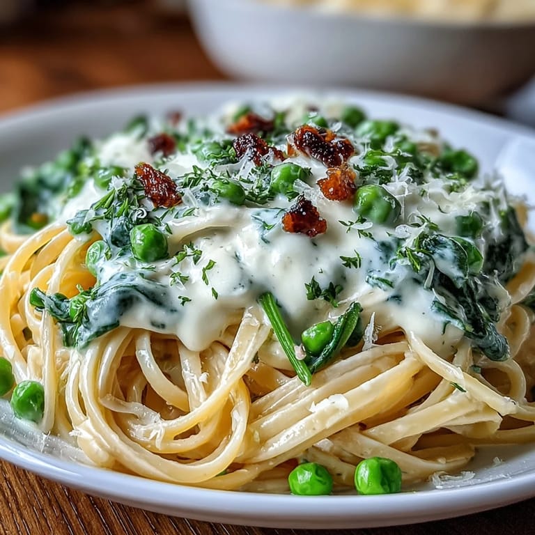 Bright and creamy spring pasta with lemon cream sauce, vibrant green peas, and spinach, served family-style.