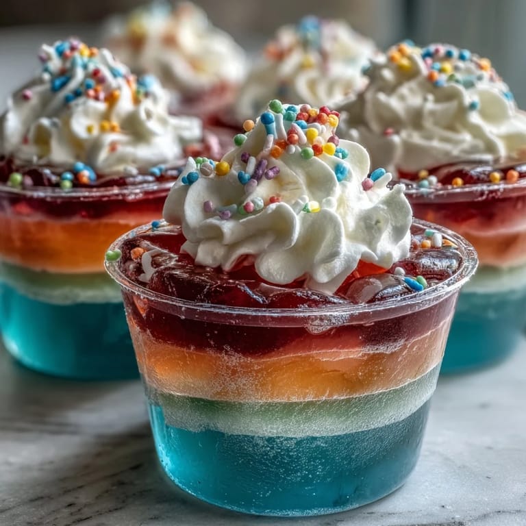 Festive rainbow Jello cups for kids, showcasing colorful fruity layers and a cloud of whipped cream, perfect for parties.