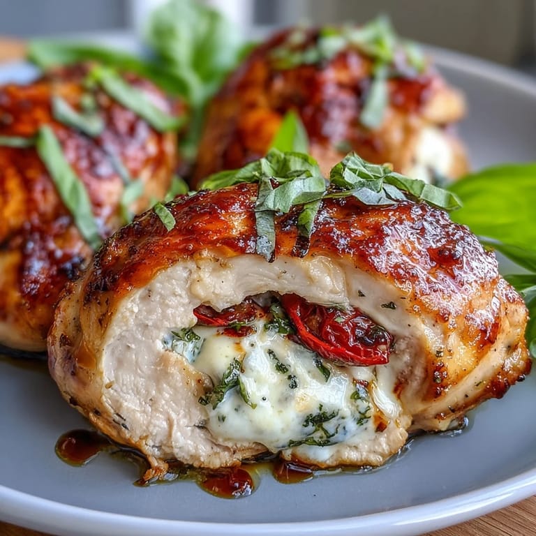 Baked caprese stuffed chicken breast featuring juicy chicken, fresh mozzarella, ripe tomatoes, and fragrant basil leaves.  
