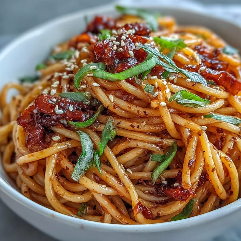 Vibrant gochujang butter pasta dish featuring tender noodles coated in a rich, umami-packed Korean-inspired sauce.