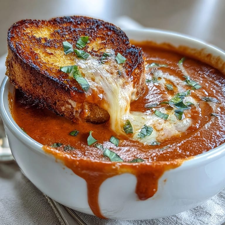 Velvety tomato soup infused with fresh basil, topped with crispy grilled cheese croutons, perfect for a comforting lunch or dinner.