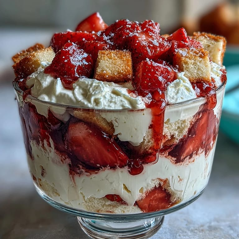 Elegant trifle dessert featuring soft vanilla cake cubes, sweet strawberries, and clouds of whipped cream in clear serving glasses.