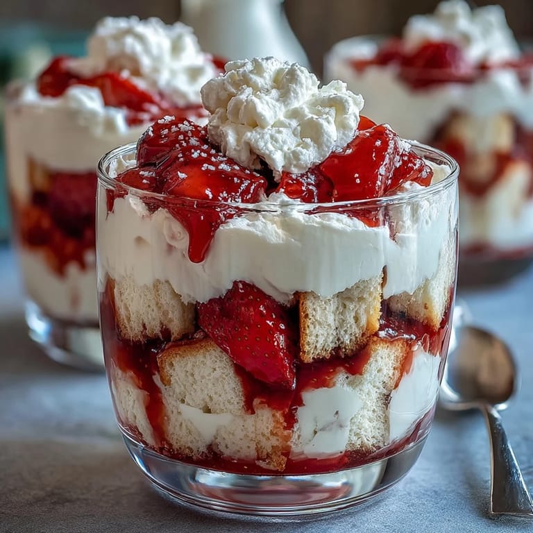 Beautiful strawberry shortcake trifle with alternating layers of tender cake, fresh berries, and vanilla-scented whipped cream.