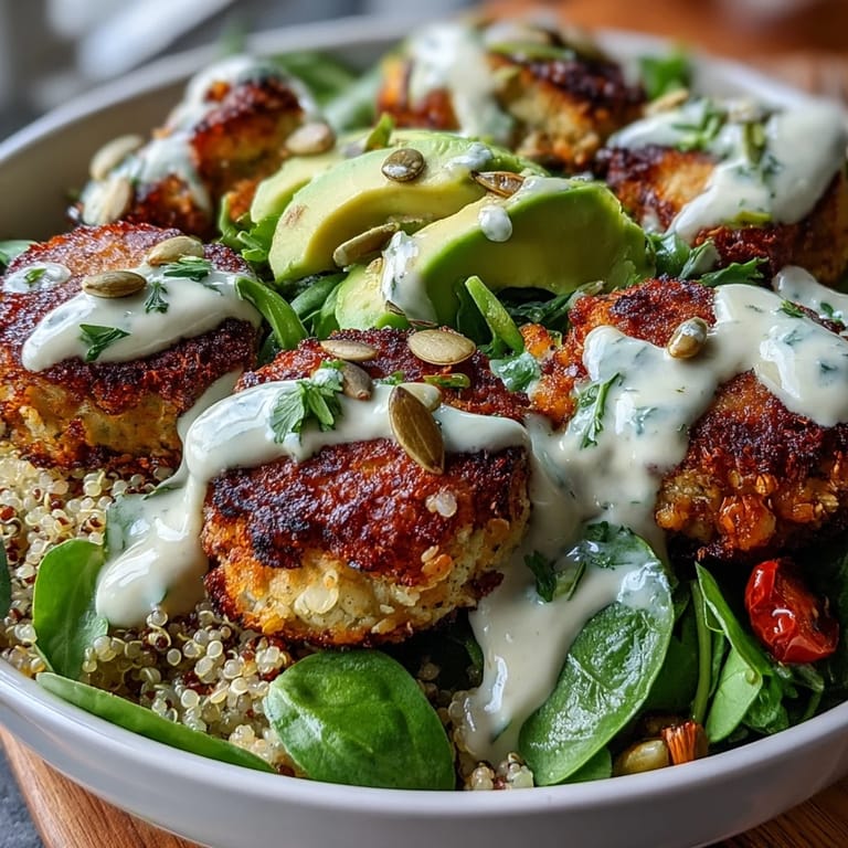 Colorful Buddha bowl featuring crispy falafel, quinoa, and roasted spring vegetables topped with creamy tahini sauce.