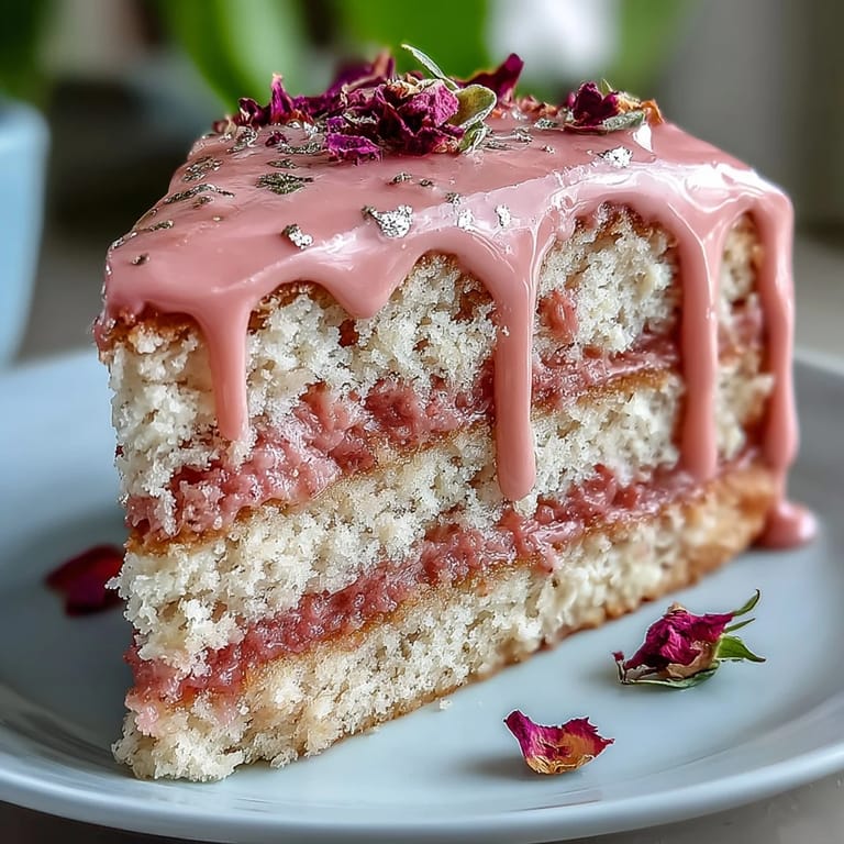 Beautiful pink velvet cake with delicate rosé aroma and glossy gold drip.