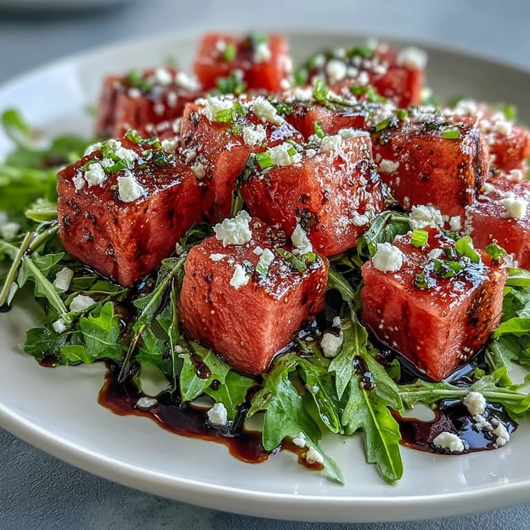 Arugula salad with watermelon, feta, and tangy balsamic reduction, ready to serve.