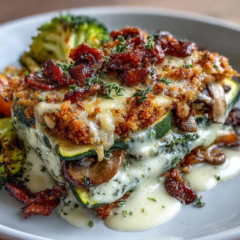 Delicious vegetarian casserole loaded with roasted vegetables, creamy sauce, and irresistible topping.