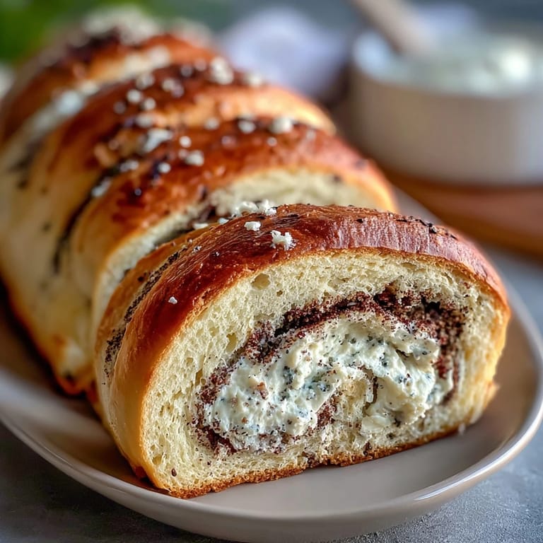A beautifully baked Classic Poppy Seed Roll dusted with powdered sugar, ready for slicing.