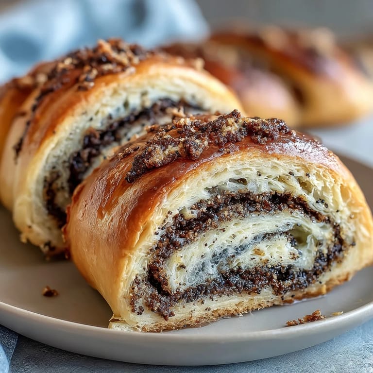 Close-up of a sliced Classic Poppy Seed Roll revealing generous layers of nutty poppy seed filling.