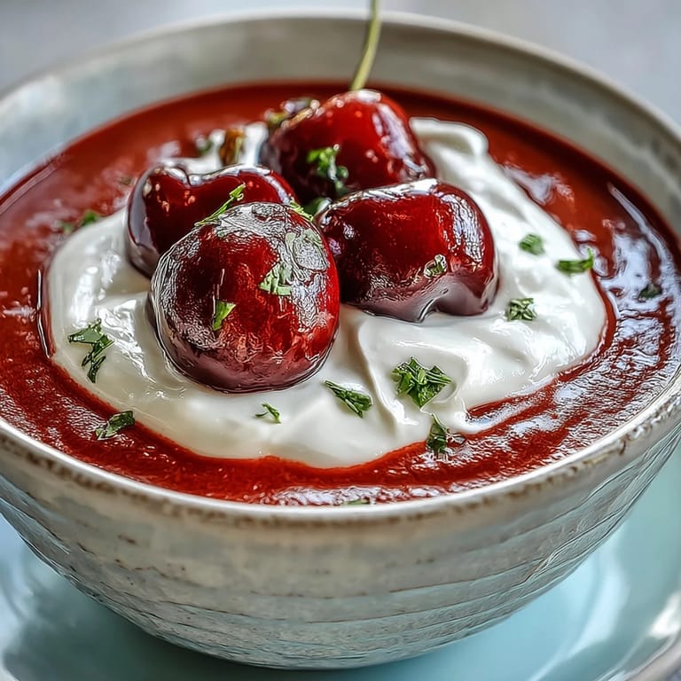 Refreshing, tangy Sour Cherry Soup garnished beautifully before summer serving.
