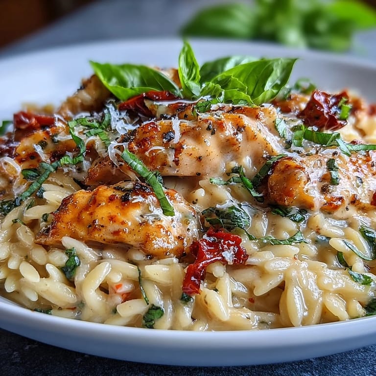 Golden-seared chicken sits atop luscious One-Pan Marry Me Chicken Orzo in a skillet.
