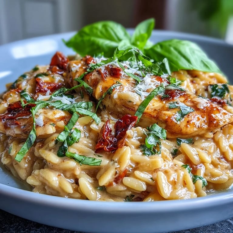 One-Pan Marry Me Chicken Orzo with sun-dried tomatoes, ready to serve.