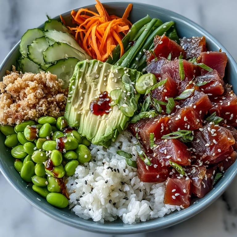 Delectable canned tuna poke bowl, topped with sesame seeds and zesty dressing.