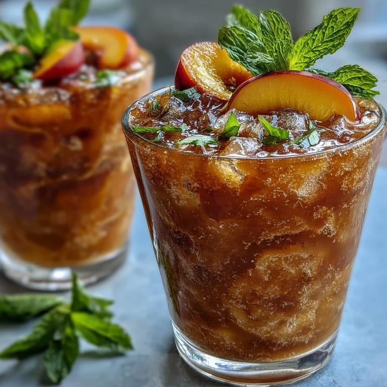 Frosty peach iced tea slush cups garnished temptingly with fresh peach slices.