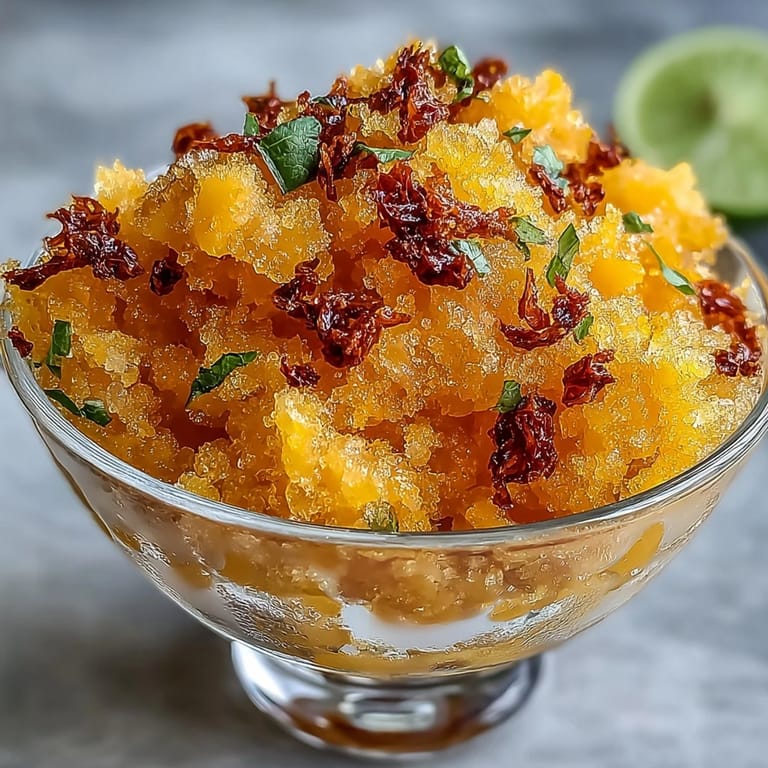 Refreshing Mango Chili Crisp Granita, perfectly scraped to a fluffy, flavorful frozen delight.