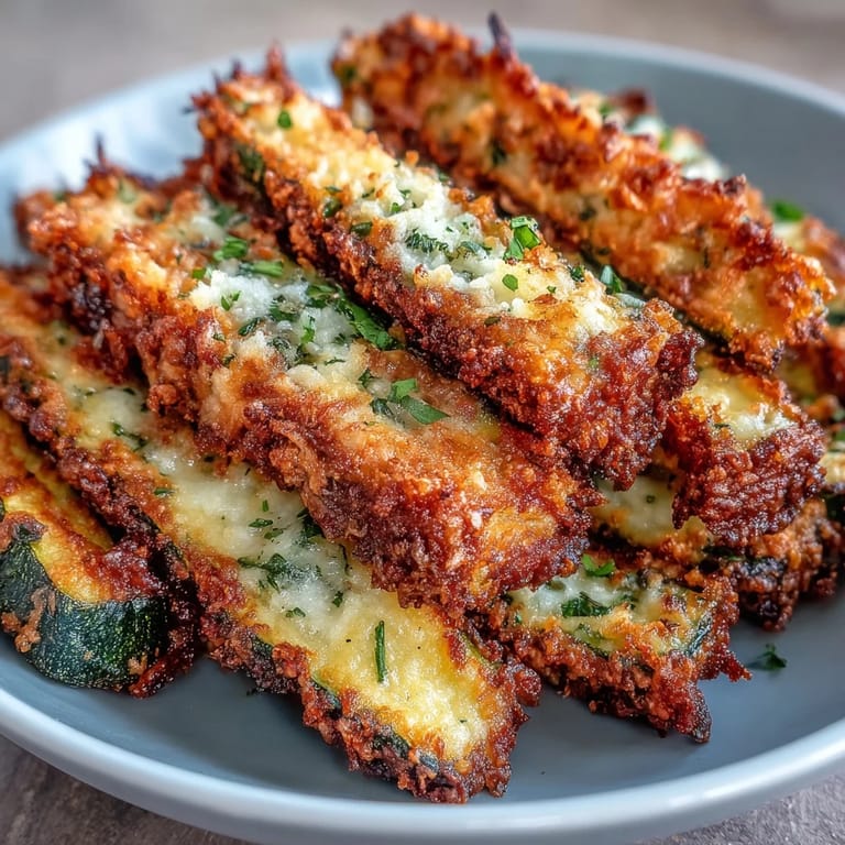 Deliciously crunchy Crispy Parmesan Zucchini Fries, ready to be dipped in marinara sauce.