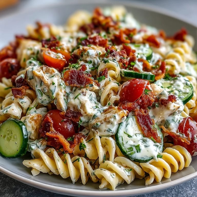 Delicious Creamy Chicken Bacon Ranch Pasta Salad dish, showcasing loaded pasta, chicken, and savory bacon.