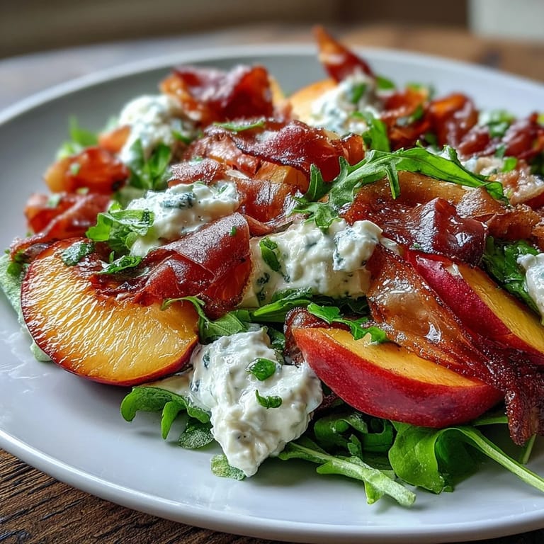 Vibrant Peach Burrata Prosciutto Salad, a refreshing balsamic-drizzled summer appetizer.