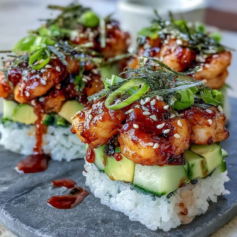 Fresh Spicy Shrimp Sushi Stack ready to be enjoyed with spicy mayo drizzle.