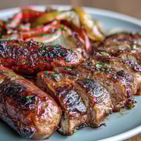 Sheet pan sausage and peppers with colorful bell peppers and caramelized onions, roasted to juicy perfection.  