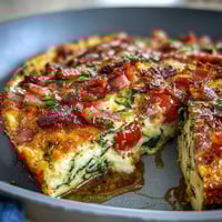 One-Pan Ham and Swiss Frittata with golden, melted cheese and tender vegetables.