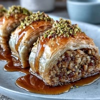 Crispy phyllo pastry rolls filled with crushed pistachios and drizzled with fragrant orange blossom syrup for a Middle Eastern dessert.
