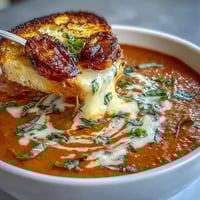 Creamy tomato basil soup with grilled cheese croutons served in a white bowl, garnished with fresh basil leaves and melted cheese cubes.