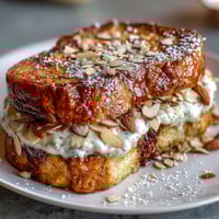 Golden brioche French toast with almond cream filling and toasted almond topping, a luxurious breakfast treat perfect for brunch gatherings.