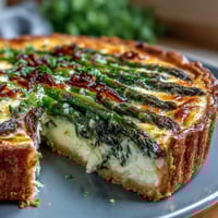 Spring Asparagus Quiche with Gruyère and caramelized shallots in a flaky crust.