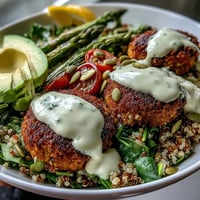 Vibrant spring Buddha bowl with roasted asparagus, radishes, and falafel drizzled with lemon-tahini dressing.