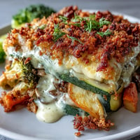Hearty vegetable and mushroom casserole with a bubbling, golden cheesy breadcrumb topping.