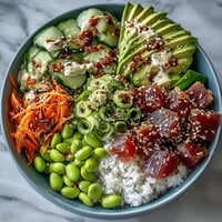 Canned tuna poke bowl bursting with colorful vegetables and creamy avocado.
