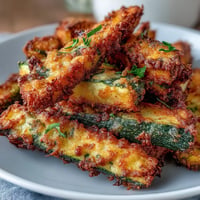 Golden brown Crispy Parmesan Zucchini Fries, perfectly baked with a savory herb coating.