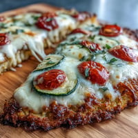 Golden leftover rice pizza crust topped with melted cheese and vibrant vegetables.
