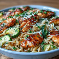 One-pan lemon chicken and zucchini orzo, golden chicken and tender orzo in sauce.